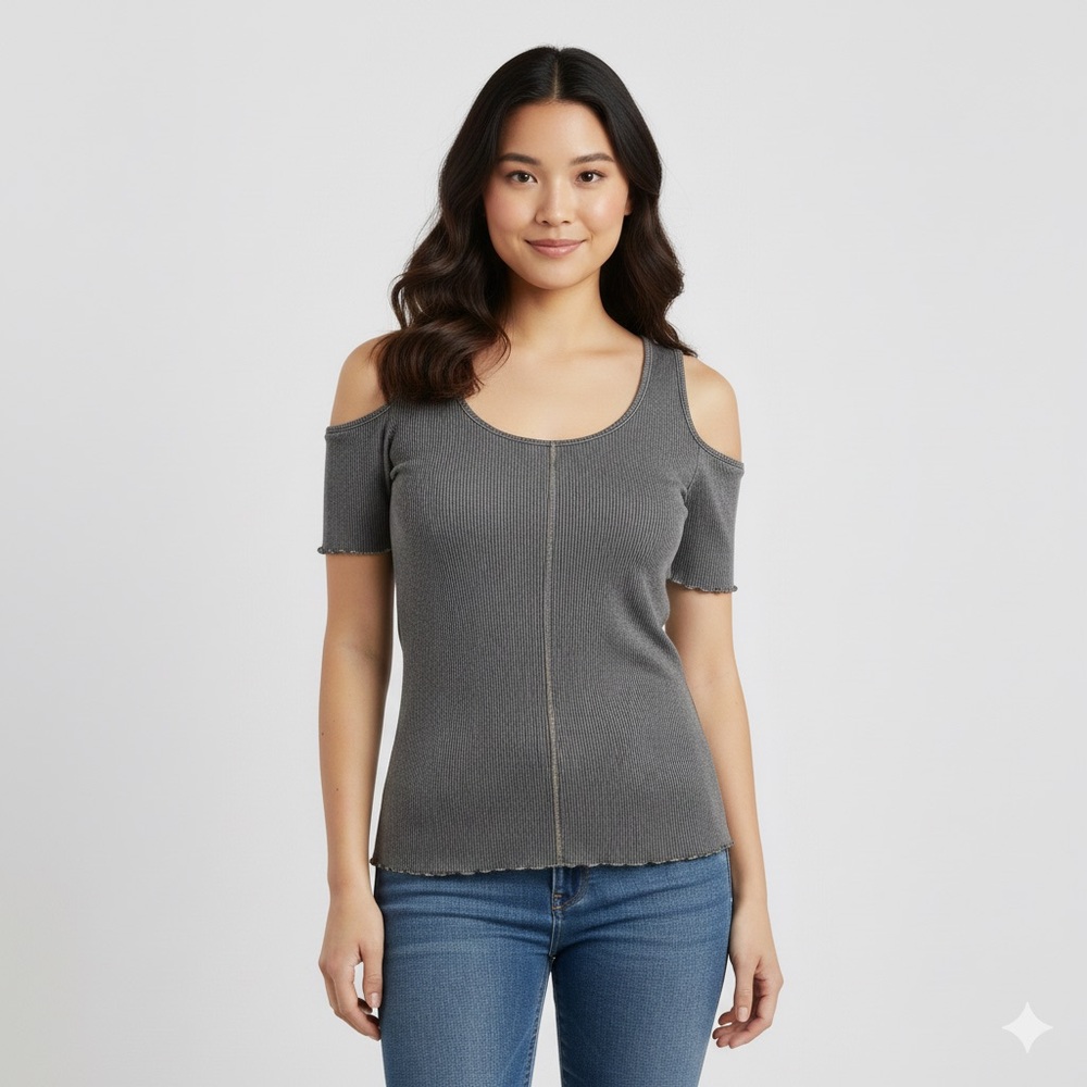LAmade Grey Raven Ribbed Cold Shoulder Short Sleeve ruffled Top-Size XS NWT